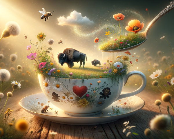 Whimsical Teacup Landscape with Bison and Flowers