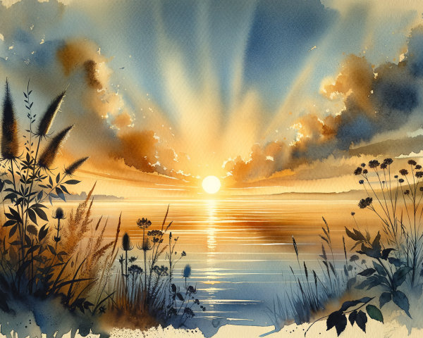Watercolor Landscape of Sunrise Over Calm Waters