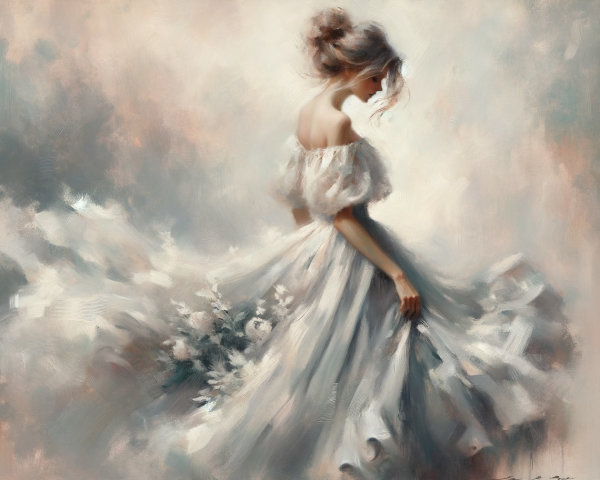 Graceful Woman in Flowing White Dress Twirling