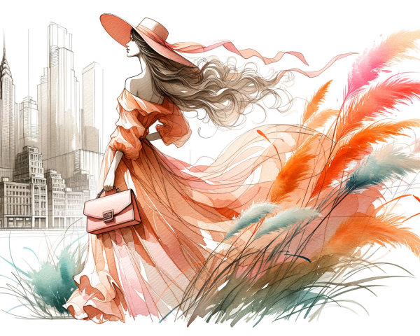 Stylish Woman in Orange Dress Against Cityscape