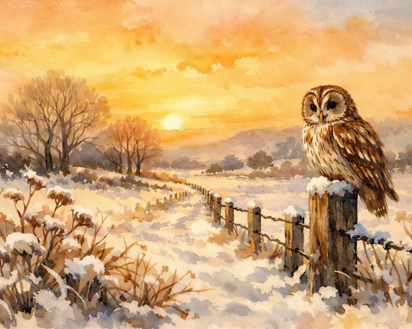 Tawny Owl on Snowy Fence Post in Winter Landscape