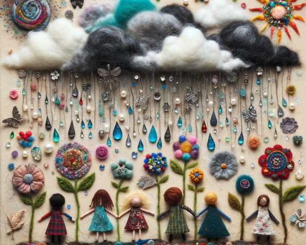 Colorful Felt Collage of Figures Under Clouds