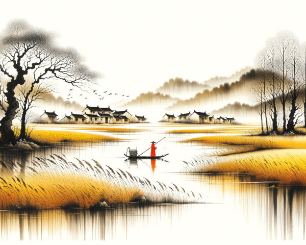 Tranquil Landscape with River and Rural Serenity