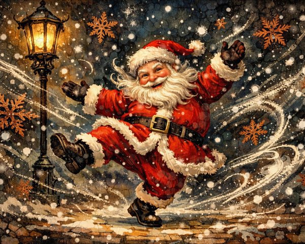 Santa Claus Dancing in a Snowstorm Watercolor Scene