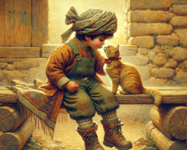 Young Boy and Orange Tabby Cat in Rustic Setting