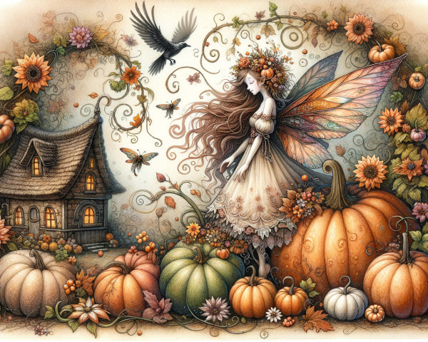 Whimsical Fairy in Autumn Garden with Colorful Wings
