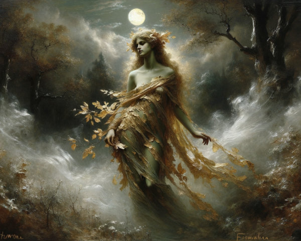 Mystical Figure in Autumn Attire in Foggy Landscape