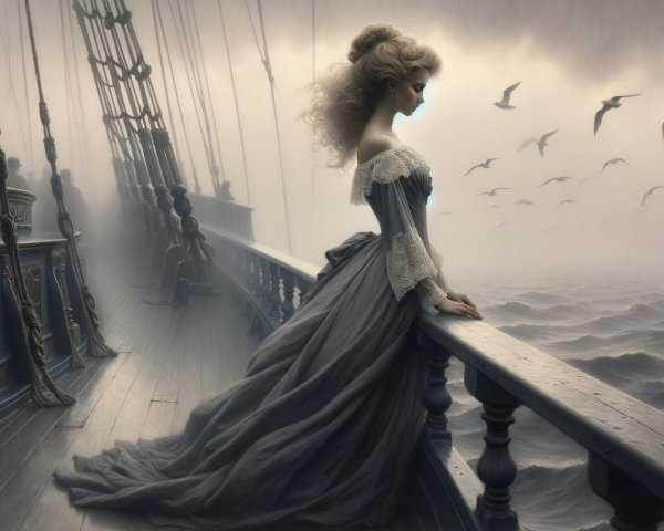 Woman in gown on ship deck gazes at turbulent sea