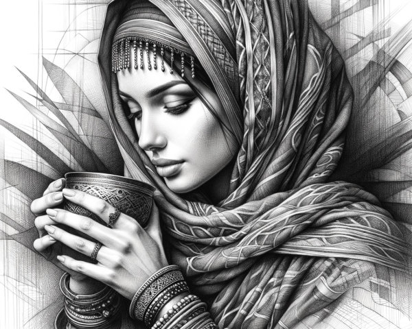 Monochrome Illustration of a Woman with Shawls and Jewelry