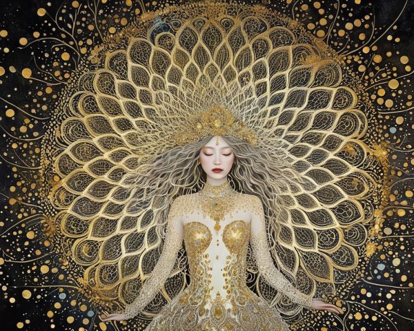 Ethereal Figure Surrounded by Golden Patterns and Orbs