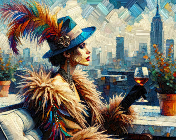 Glamorous Woman in Feathered Hat Overlooking Cityscape