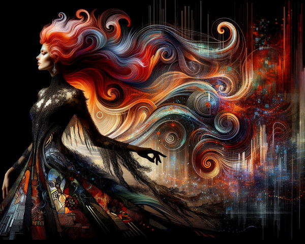 Striking figure in patterned gown with vibrant hair