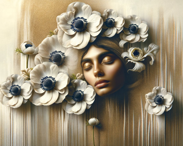 Ethereal Face with White Flowers on Textured Background