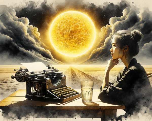 Contemplative Woman at Desk with Typewriter and Sun