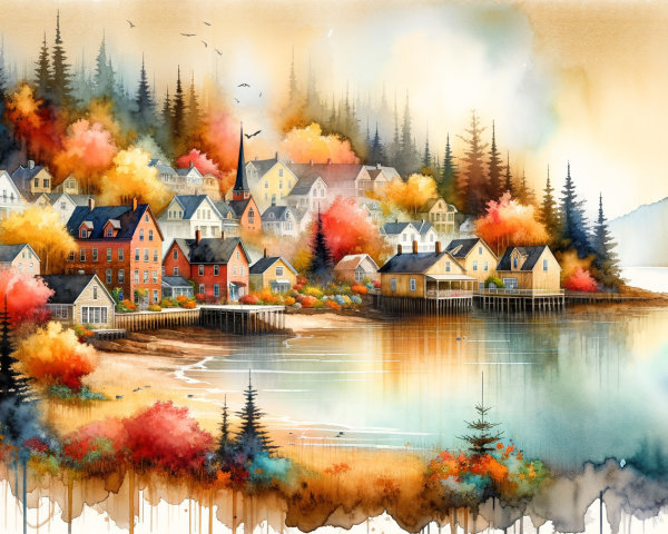 Vibrant Watercolor of Coastal Village in Autumn Foliage