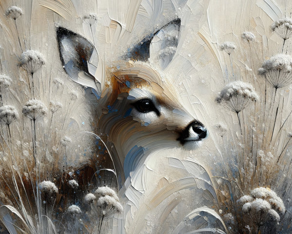 Artistic Deer Among Grasses and Flowers in Soft Colors