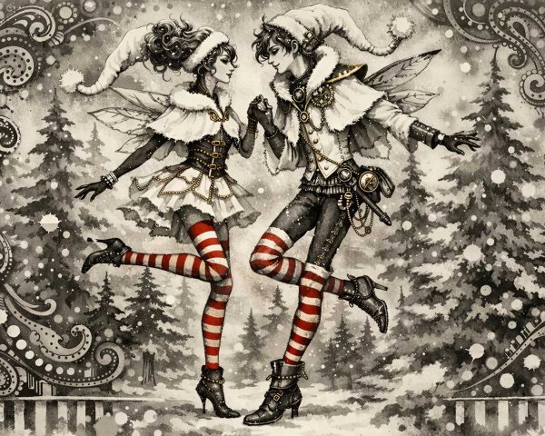Grayscale Illustration of Dancing Elves in Snowy Forest