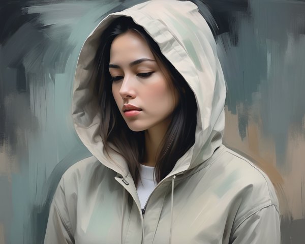 Contemplative Young Woman in Beige Hoodie Portrait