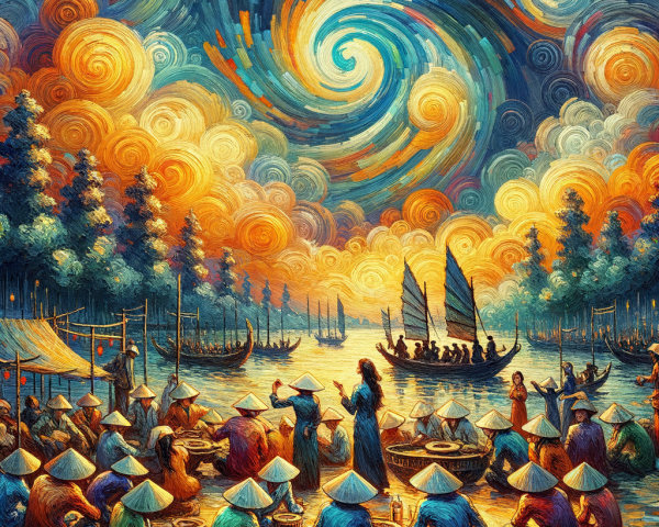 Vibrant Riverside Gathering with Conical Hats and Boats