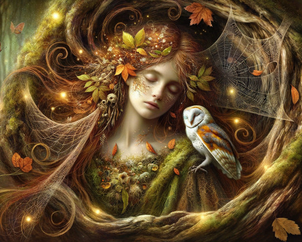 Ethereal Figure in Autumn Leaves and Woodland Setting
