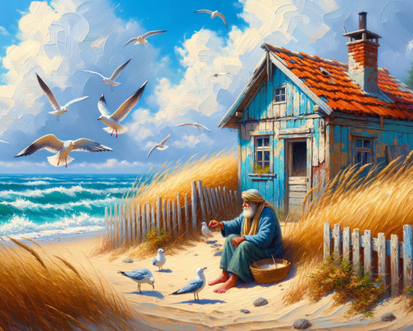 Coastal Scene with Cottage and Seagulls by the Shore