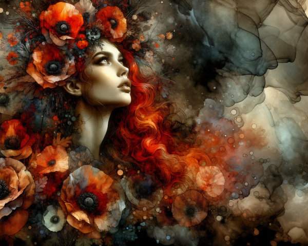 Ethereal Woman with Red Hair Among Vibrant Flowers