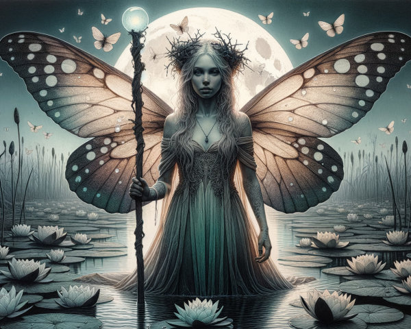 Mystical figure with butterfly wings in serene pond
