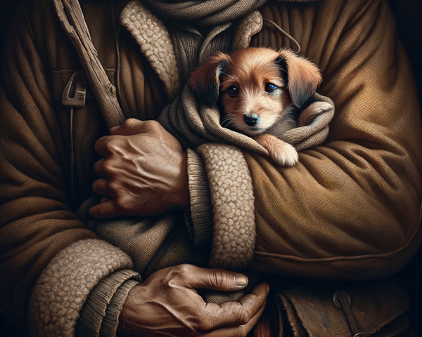 Rugged figure with puppy in warm, rustic setting