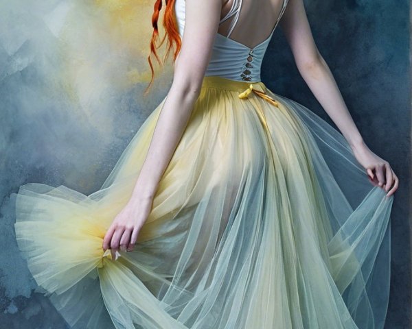 Young Woman in Yellow Gown with Red Hair in Dreamy Scene