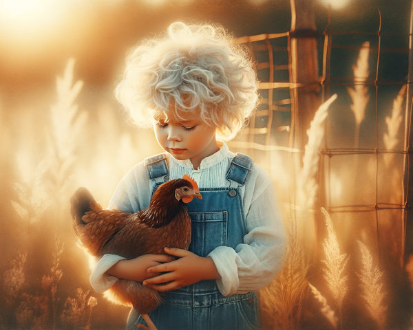 Child in blue overalls holding a chicken in sunlight