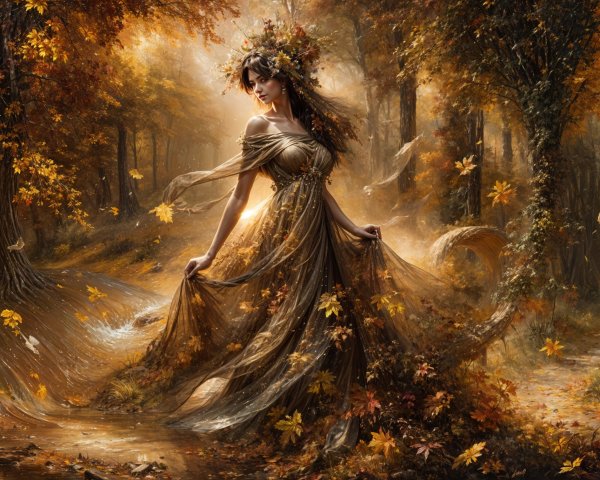 Autumn Figure in Golden-Brown Gown Among Leaves