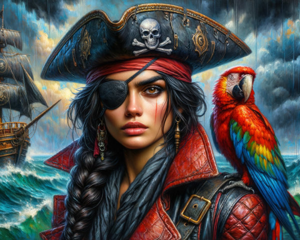 Fierce Female Pirate with Tricorn Hat and Parrot