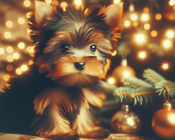 Yorkshire Terrier by a Decorated Christmas Tree
