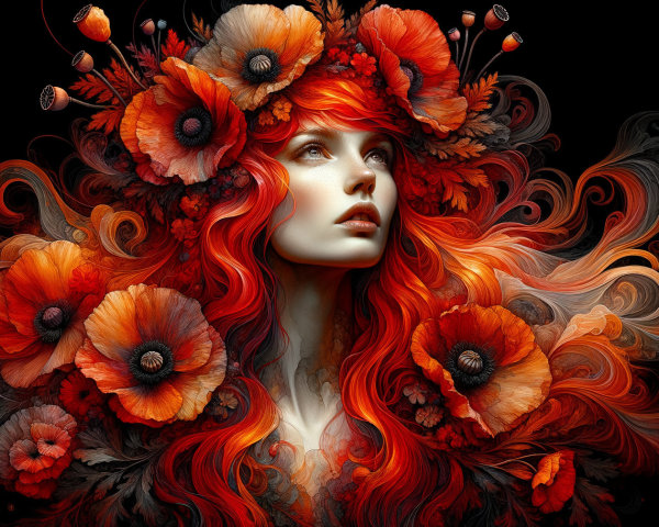 Portrait of a woman with red hair and poppy flowers