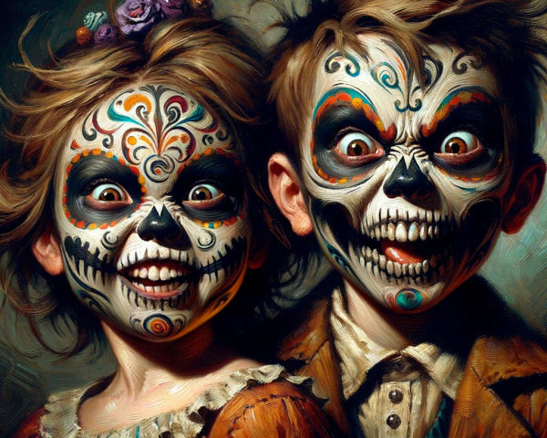 Children in Colorful Sugar Skull Makeup for Día de Muertos