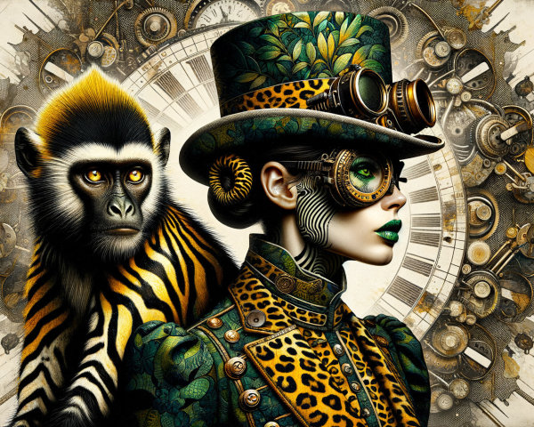 Steampunk Woman in Green and Gold with Monkey Companion