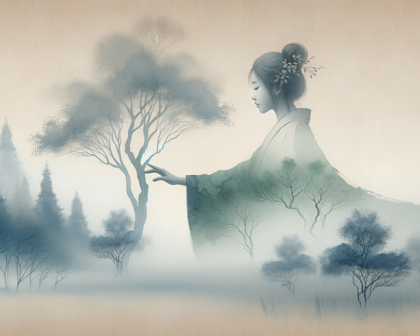 Serene Scene of Woman in Traditional Attire and Nature