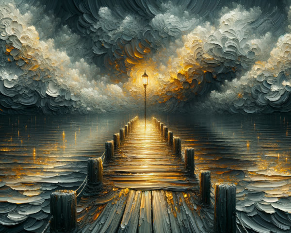 Serene Pier Overlooking Reflective Water and Clouds
