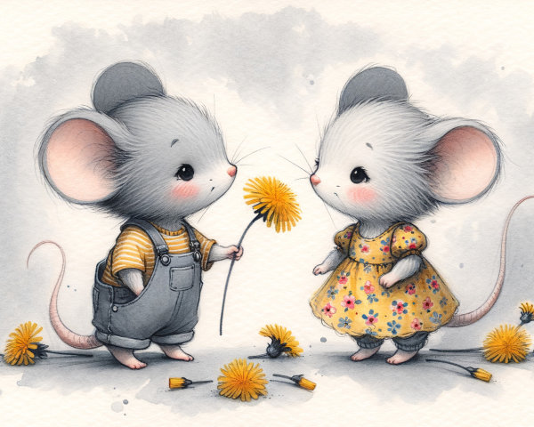 Cartoon Mice in Whimsical Dandelion Scene