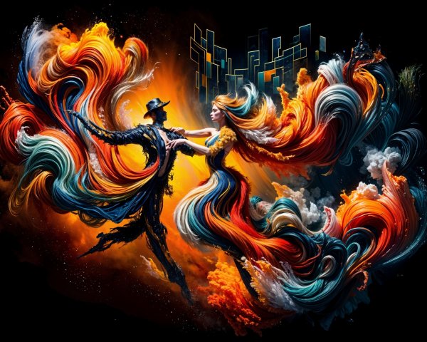 Abstract Illustration of a Couple Dancing in Colorful Hues