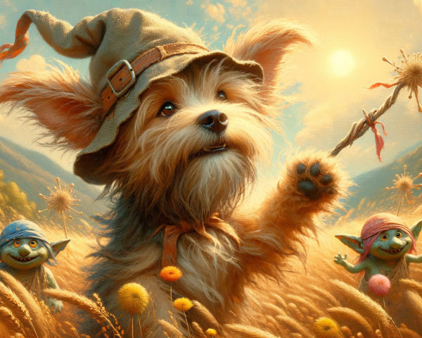 Whimsical Scene of a Dog and Goblins in a Field