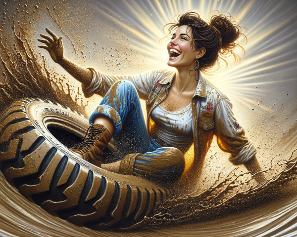 Woman sliding on a tire in a muddy setting