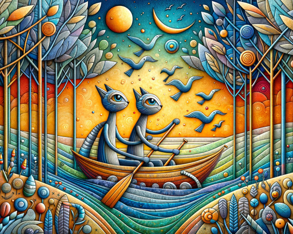 Whimsical Cat-Like Figures in a Surreal Landscape
