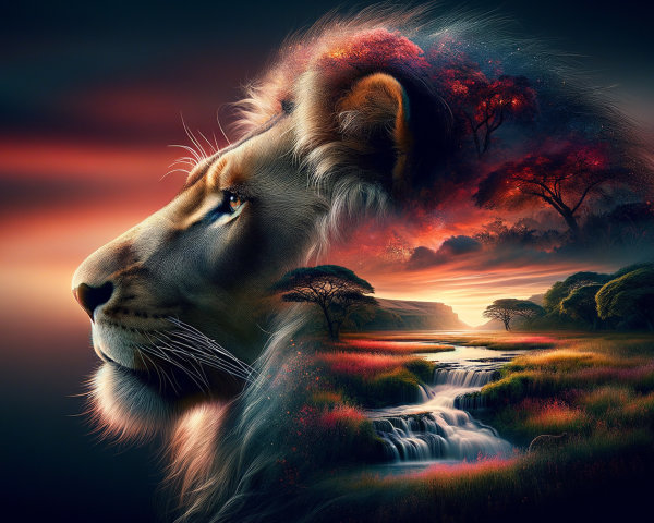 Lion Profile Blended with Vibrant Landscape Scene