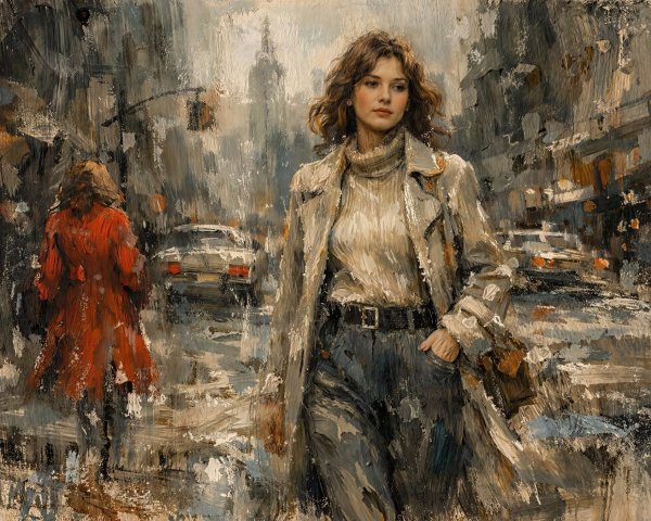 Oil Painting of a Woman in a City During Rainy Season