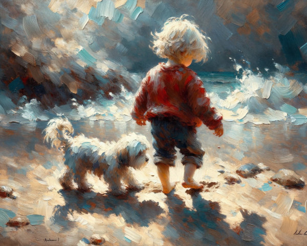 Child and Dog Walking on a Sunlit Beach