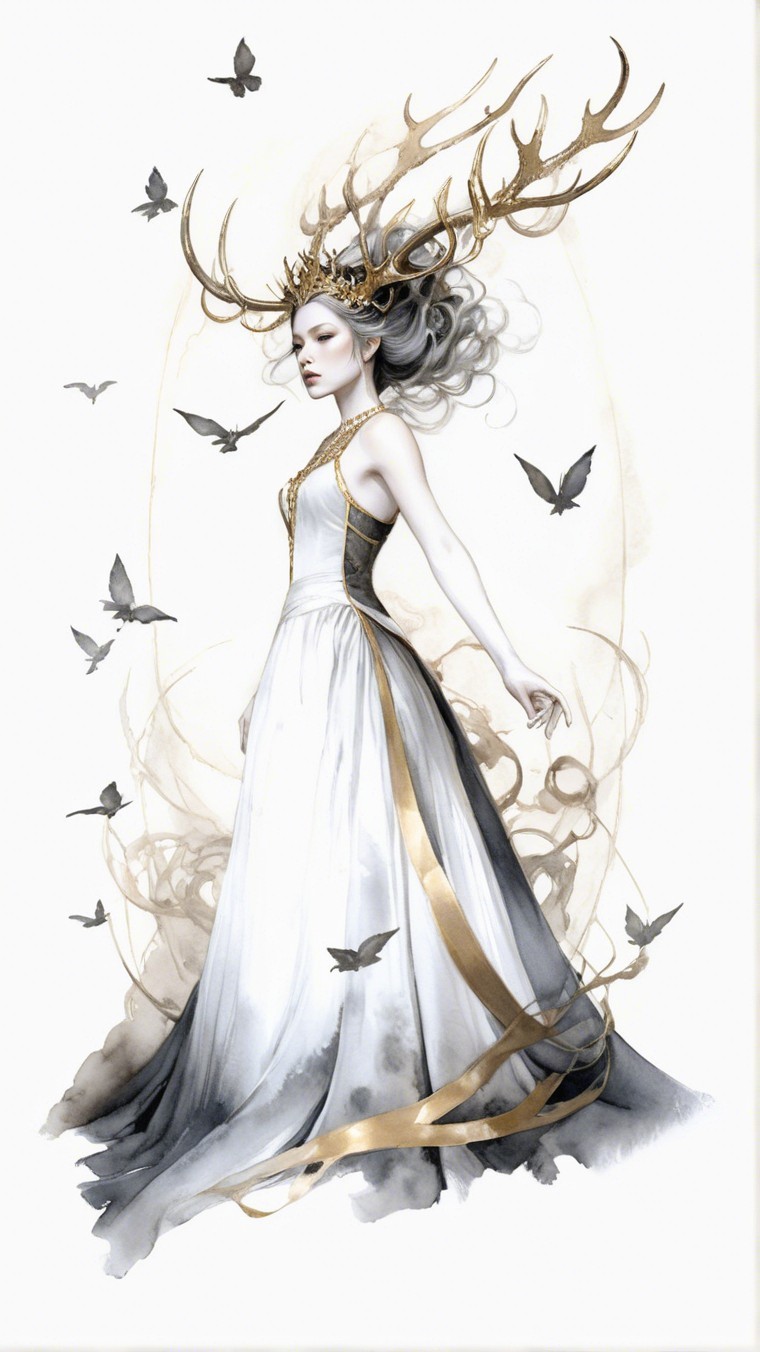 Mystical figure with antlers and flowing white gown