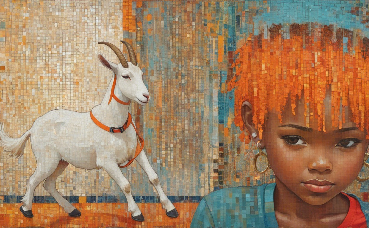 Vibrant Mosaic Portrait of Girl and Playful Goat