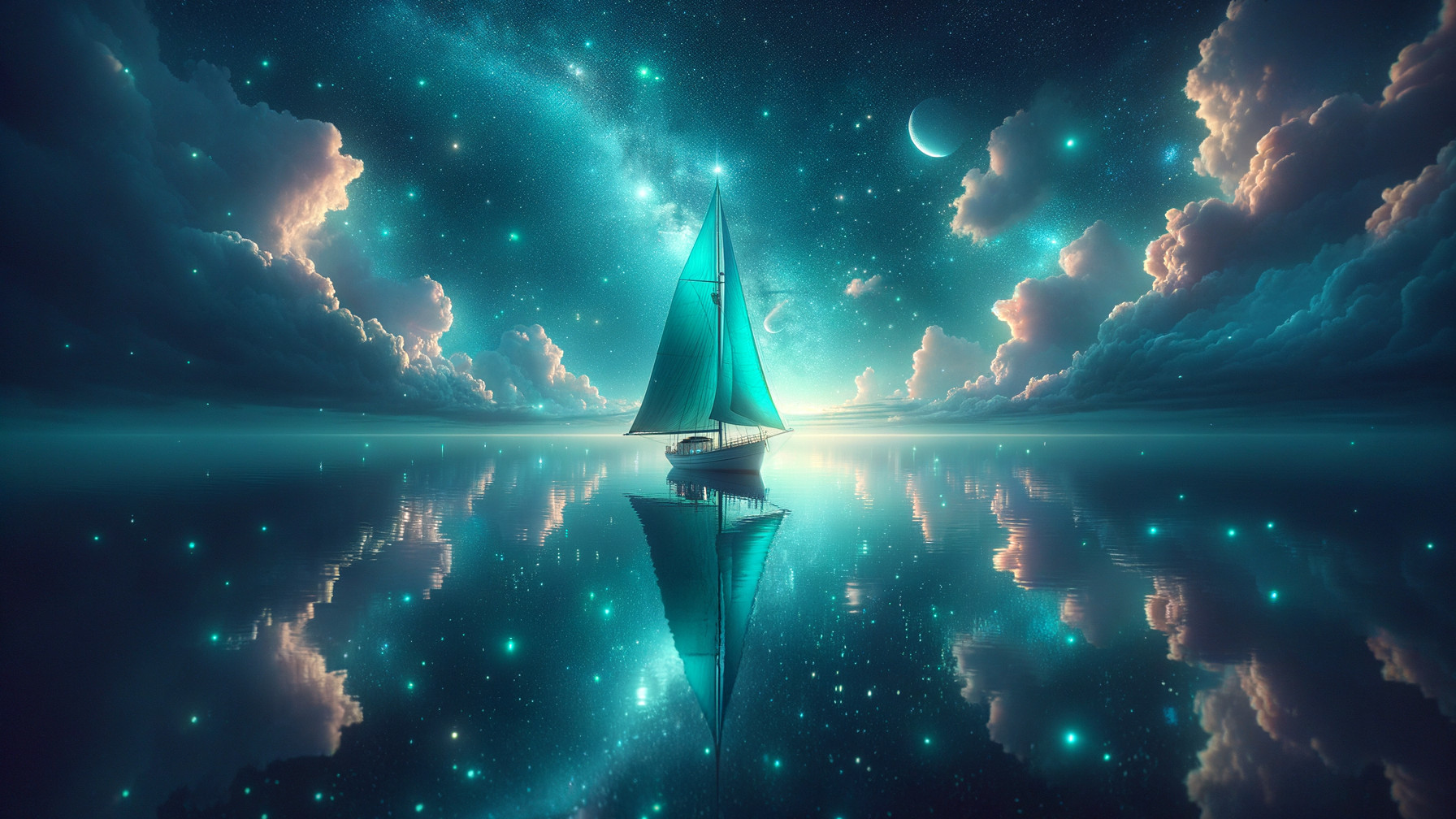 Sailboat on tranquil sea under starlit sky