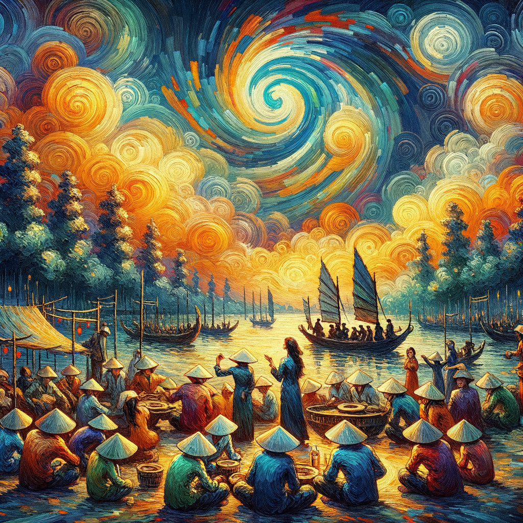 Vibrant Riverside Gathering with Conical Hats and Boats